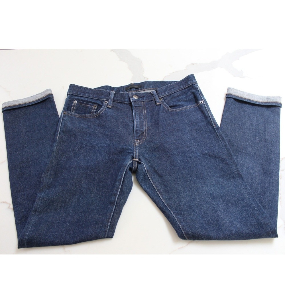 Uniqlo Selvedge Jeans Mens 32 Dark Indigo Slim Straight Red Line Denim - Picture 13 of 14